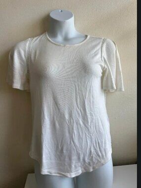 Simply Styled  white Flutter Sleeve Knit Top Crochet Trim Size M